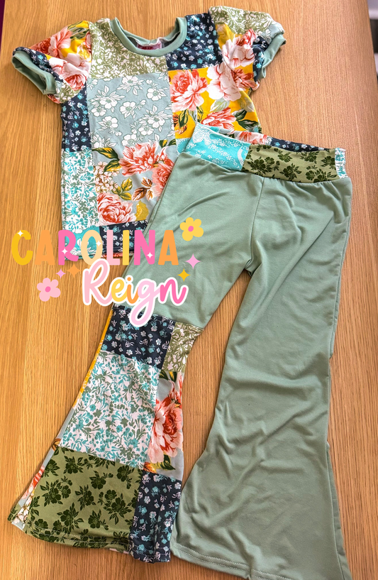 Size 5T Apple berry tee & flares, flower patchwork