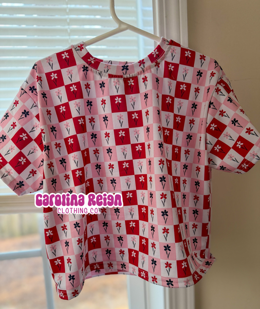 Size 2T over size tee , floral checker